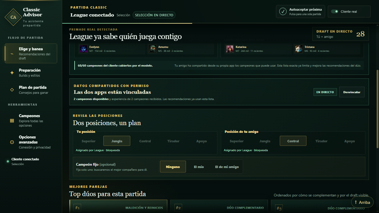 Classic Advisor mostrando un dúo vinculado y recomendaciones para la selección